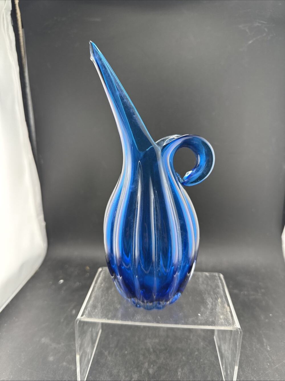 Vintage Kamei Glass Vase Pitcher Hand Blown Mid Century Modern Blue Swirl Japan